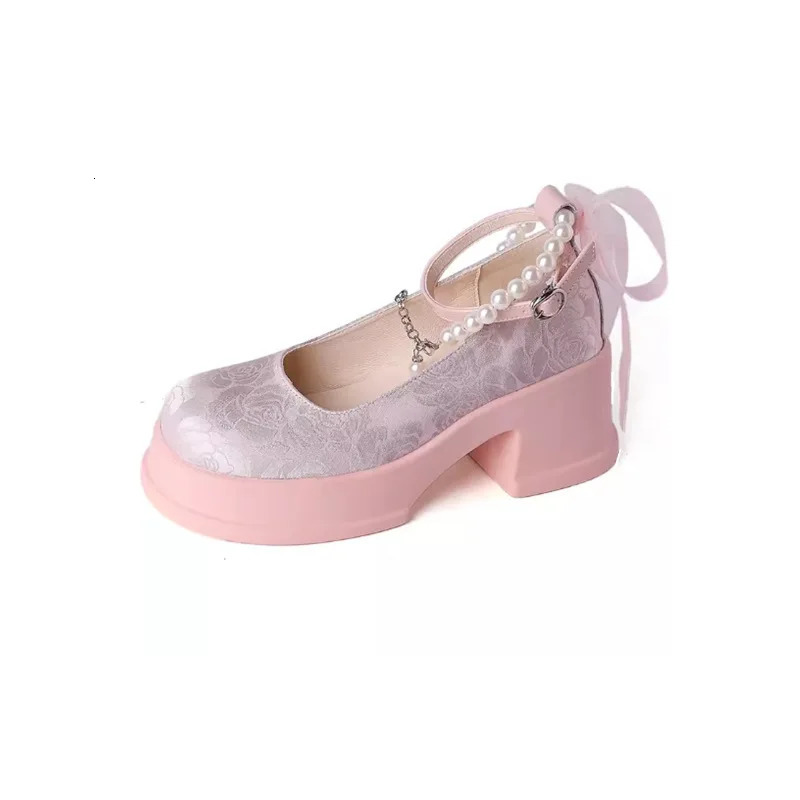 Woman Pumps 2025 Summer Pink Kawaii Cute Pearl Lolita High Heels Round Toe Platform Mary Jane Shoes for Women 250731