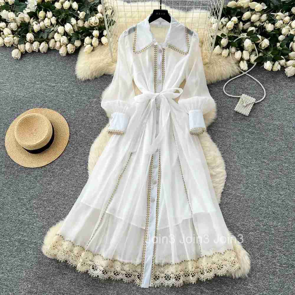 Vintage Elegant hollow out lace Dress Chic A-line Fashion Spring Long Sleeve Vestidos Women Dress