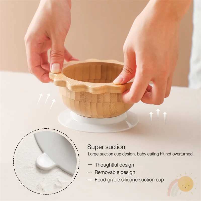 Baby Wooden Tableware Set Sun Bamboo Wooden Plate Bowl Silicone Suction Wooden Handle Fork Spoon for Newborn Feeding Supplies X250806