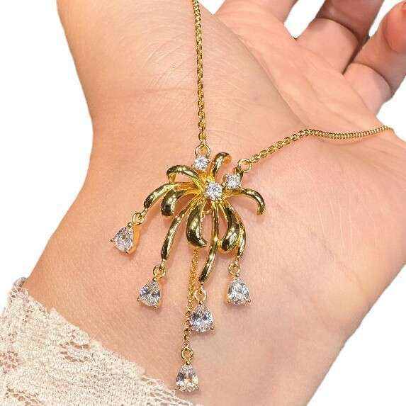 Light Vintage Style Fireworks Tassel Necklace Earrings Ultra Shiny Inlaid Zircon Elegant High-Value Jewelry Set