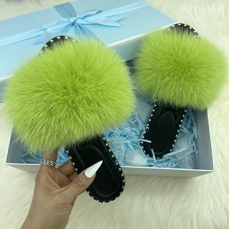 Flip Flops Women Summer Real Fur Flat Slippers 100% Natural Fox Fur Slides Ladies Rivet Jelly Shoes Furry Slides Sandals 250730