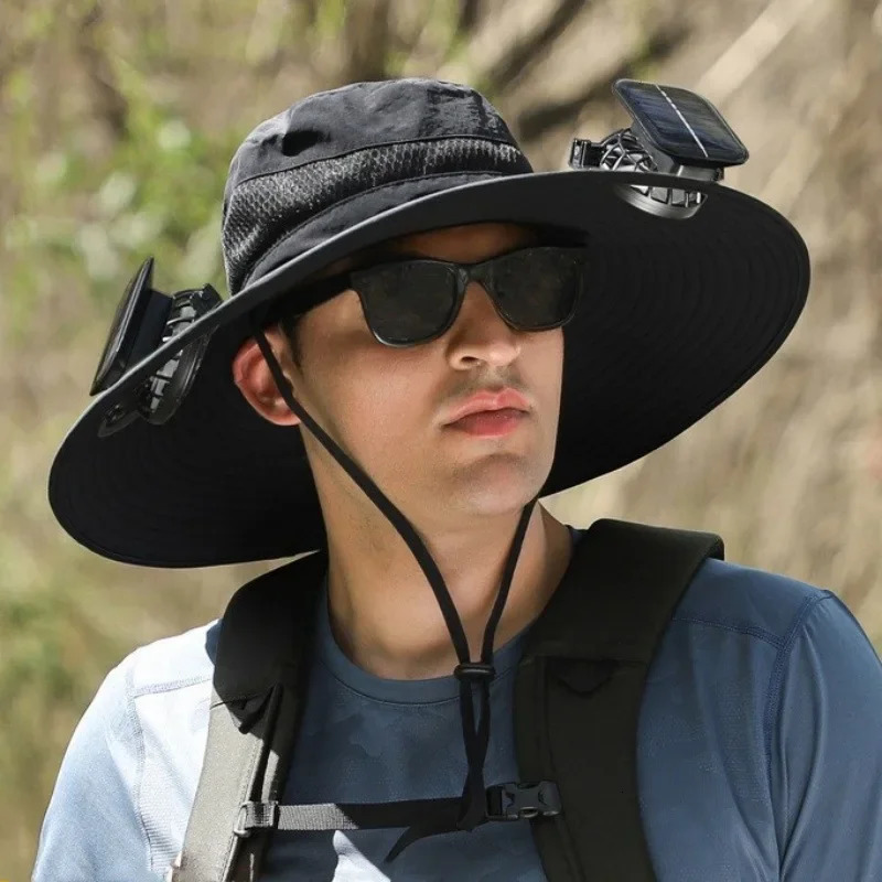 Solar Fan Bucket Hat Lightweight Breathable Wide Brim for Beach Gardening Hiking Rechargeable Via Sun or USB Cable for Men Women 250805