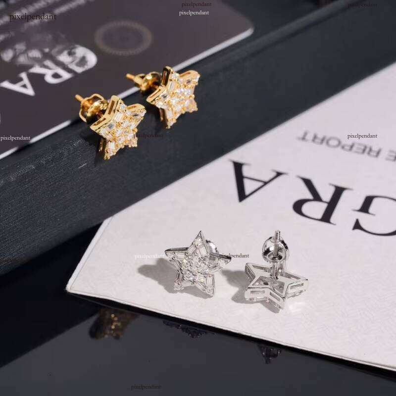 High-end Stock Hip-hop Jewelry Sier Screw Back Pentagram Silicone Stone Earrings