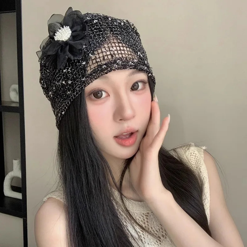 Korean Version Niche Hollow Pearl Flower Mixed Color Pullover Hat Womens Summer Y2k Trend Breathable Skull Beanie Cap Gorras 250730