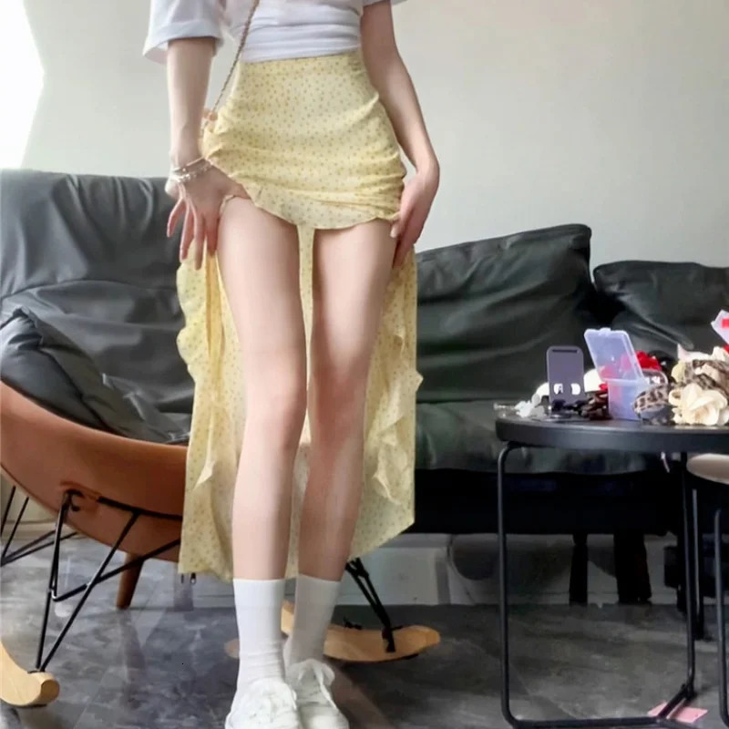 Ruffled Floral Skirt for Women Summer Mid Long High Waist Skirt Red Irregular Sexy Split Skirt Fashion Beachwear Y2k Clothing 250806