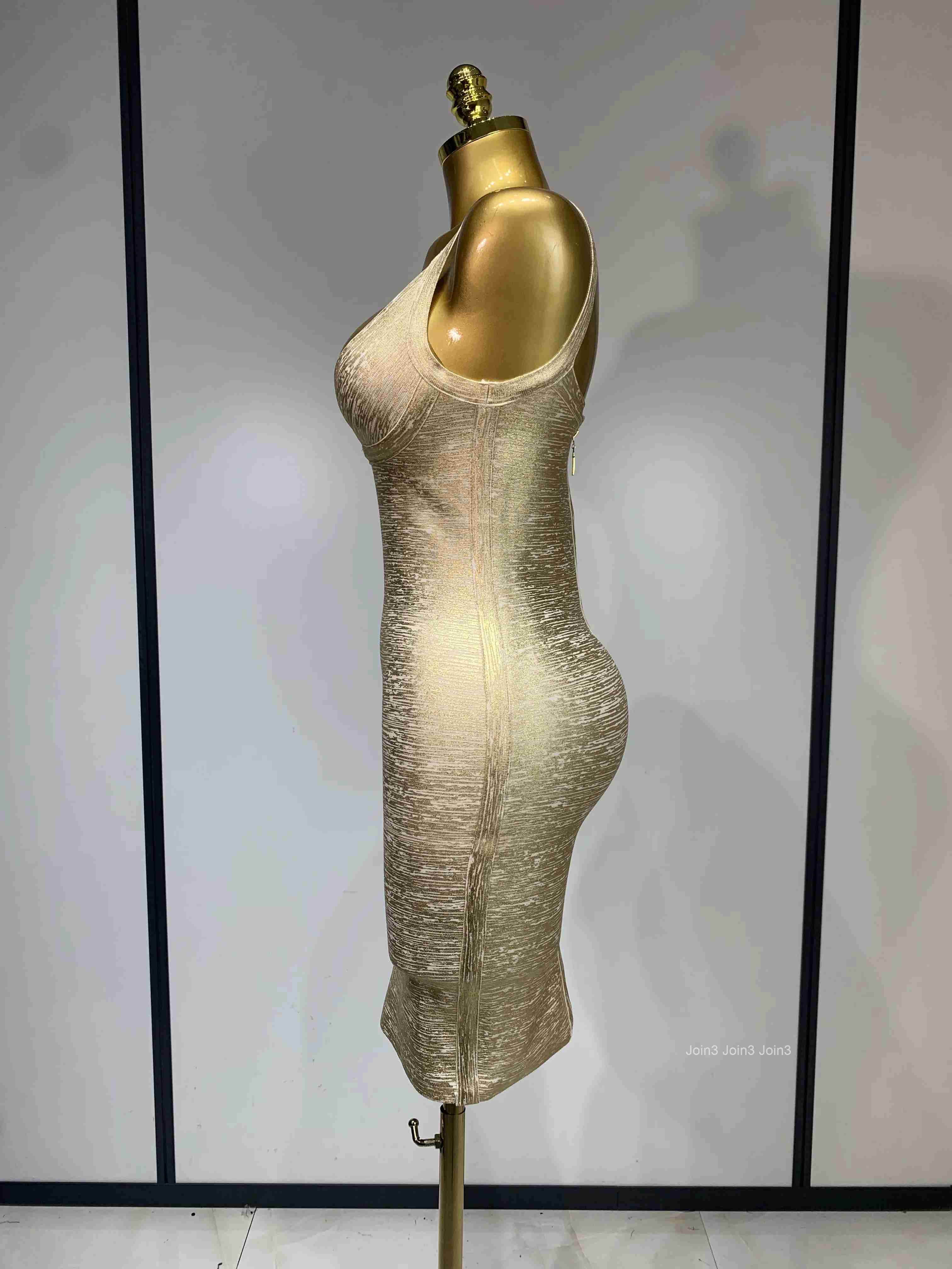 High Quality Celebrity Elegant Gold Bodycon Bandage Dress Women Sexy Nightclub Evening Party Luxury Birthday Dress Vestidos