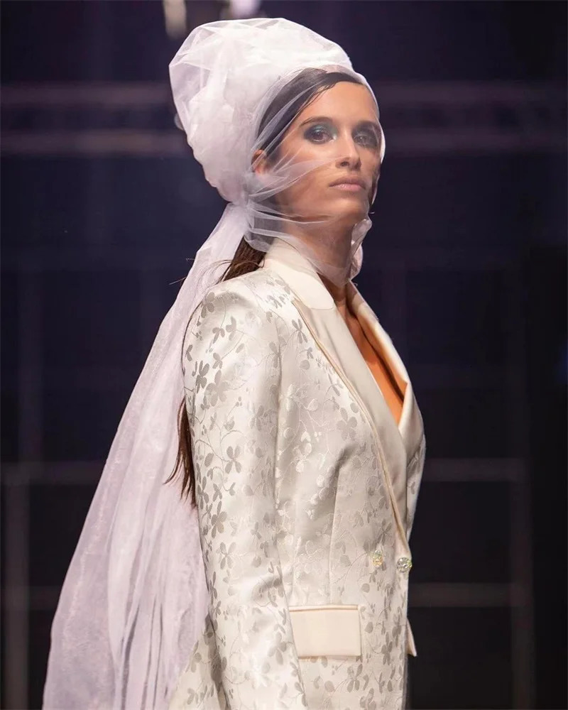 White Jacquard Women Suits Peaked Lapel Jacket Bridal Wedding Tuxedo Formal Party Evening Tailored Made Prom Dress 250806