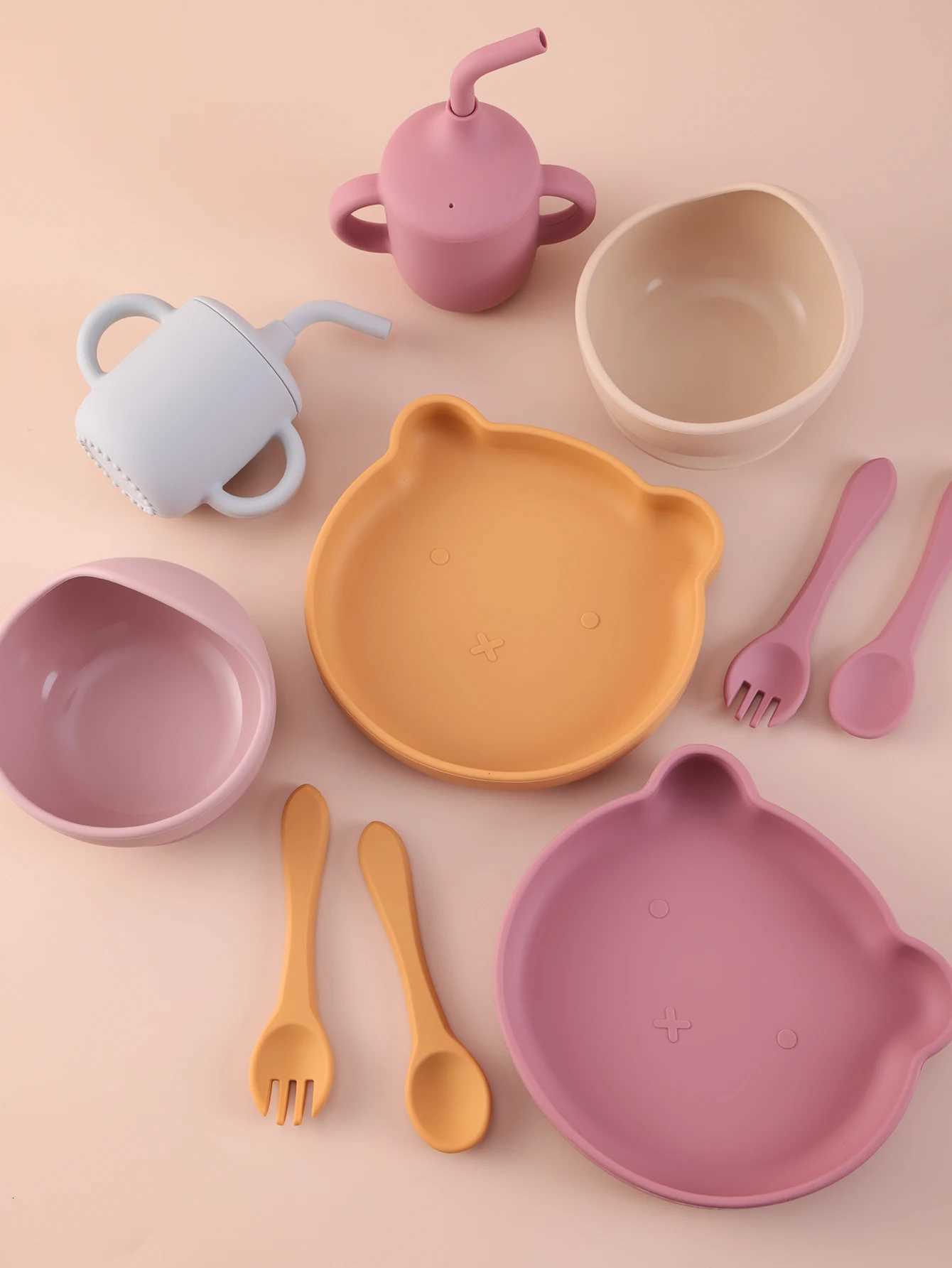 5PCS Customized Name Cartoon Silicone Baby Feeding Set Suction Dishes Plate Bowl BPA Free Sippy Cup Spoon Fork Baby Supplies X250806