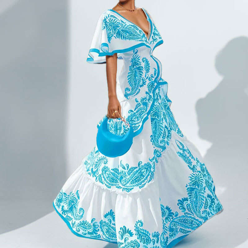 Spring New Women's Fashion Pastoral Style V-Neck Waist-Cinching Flared Printed Dress B5