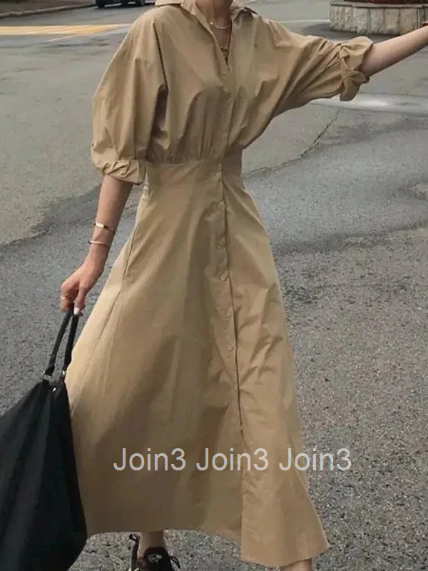 Women Casual Long Shirts Dresses Summer Spring Clothes Khaki Puff Sleeves Botton Simple Maxi Dresses for Women