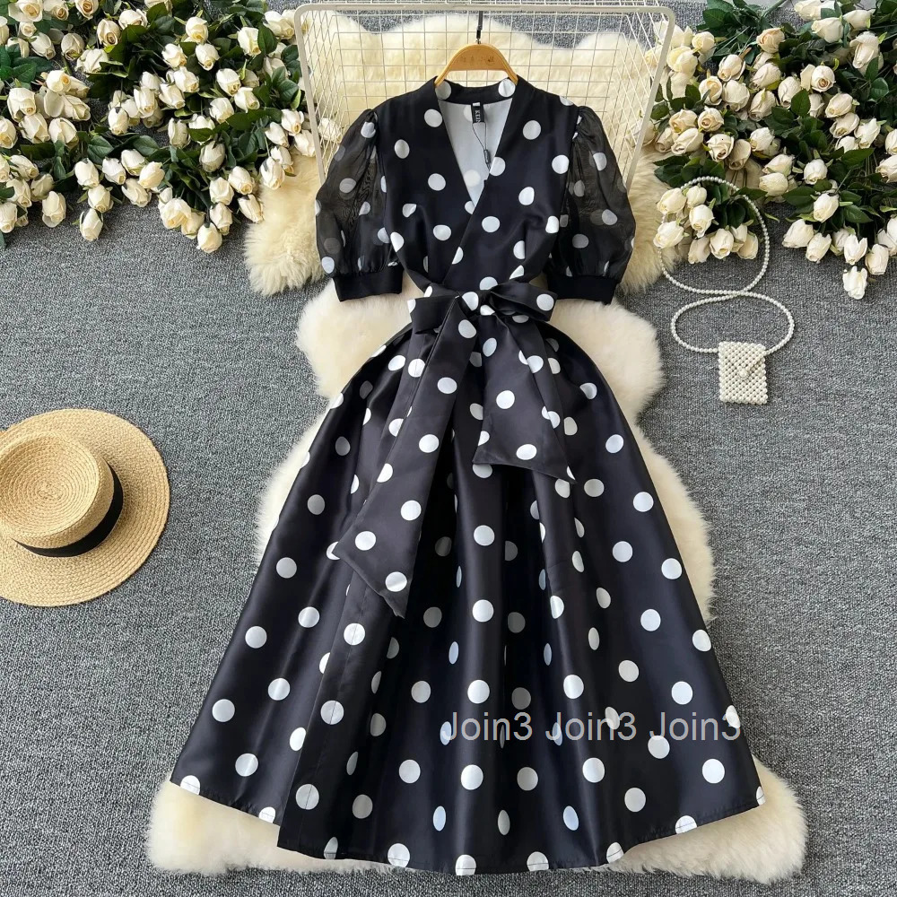 Vintage Elegant Pleated Bandage Short Sleeve Dot Dress A-line Fashion Spring summer Beach Vestidos Women Dresses