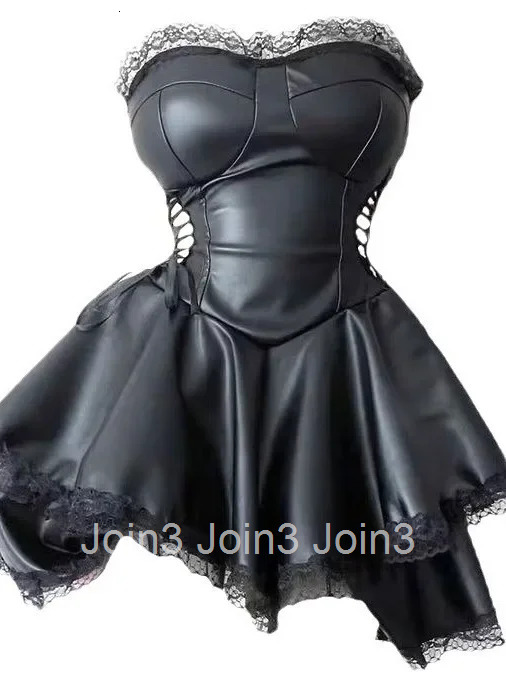 Pure Desire Style Spicy Girl Sweet Cool Strapless Waist Cinching Design Lace Leather Dress Elegant Sweet Bandage Mini Dress