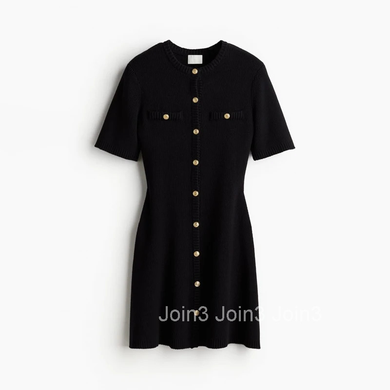 Elegant White Knitted Mini Dress Women Sexy Slim Fit Ribbed Knit Dress Metal Button Short Sleeve Holiday Party Mini Dress