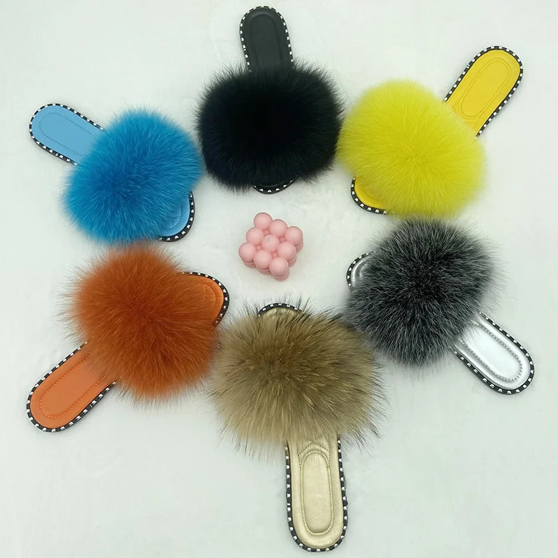 Flip Flops Women Summer Real Fur Flat Slippers 100% Natural Fox Fur Slides Ladies Rivet Jelly Shoes Furry Slides Sandals 250730