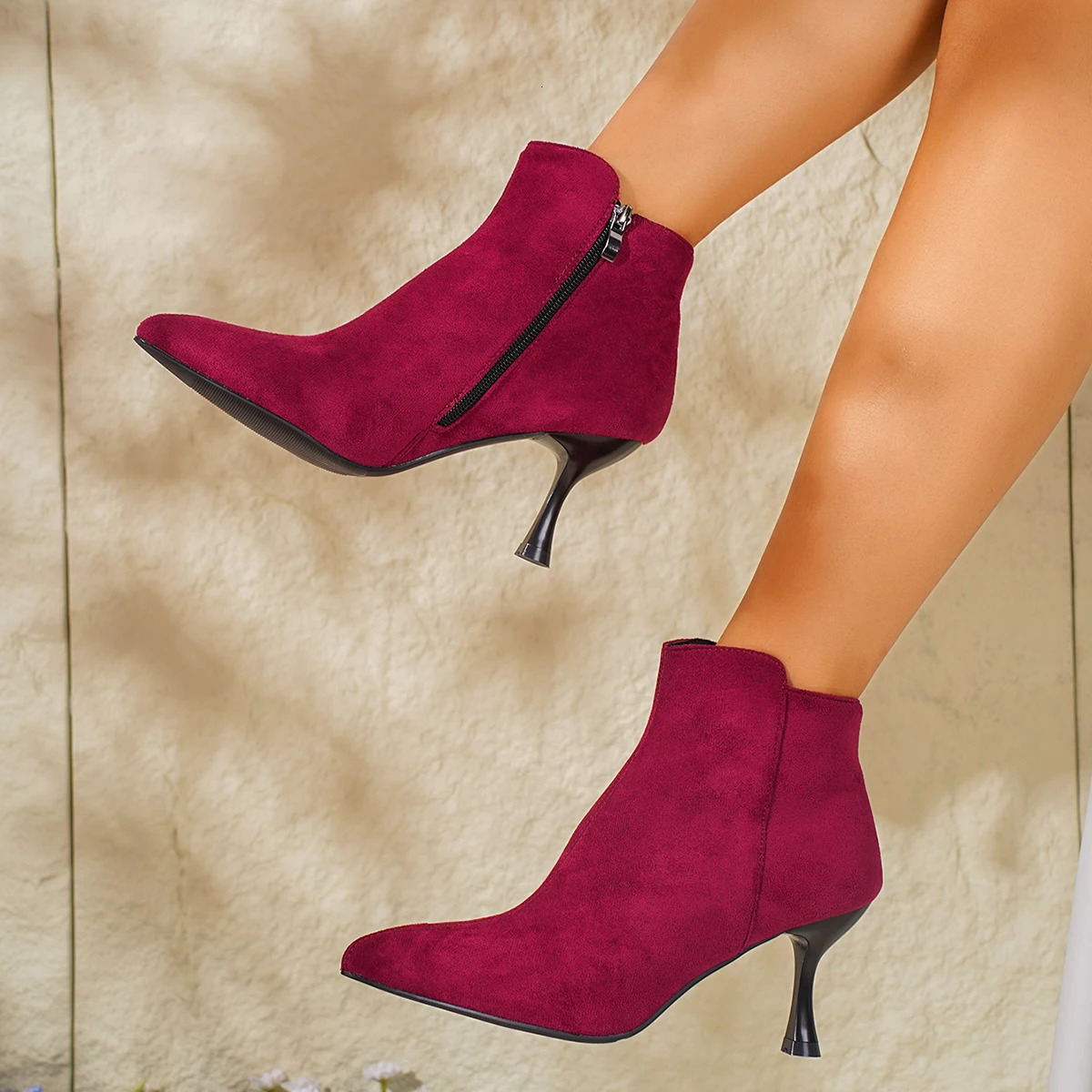 Women Ankle Boots Suede Pointed Toe Shoes High Heels Pumps Zip Womens Short Boots Elegant Autumn Mujer Botas Shoe 250805