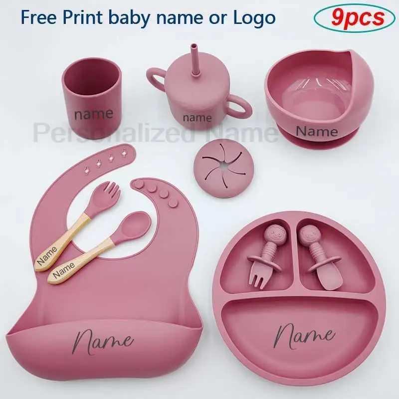 9Pcs Baby Silicone Feeding Sets Suction Cup Bowl Dishes Kids Spoon Fork Feeding Snack Cup Personalized Name Babys Tableware X250806