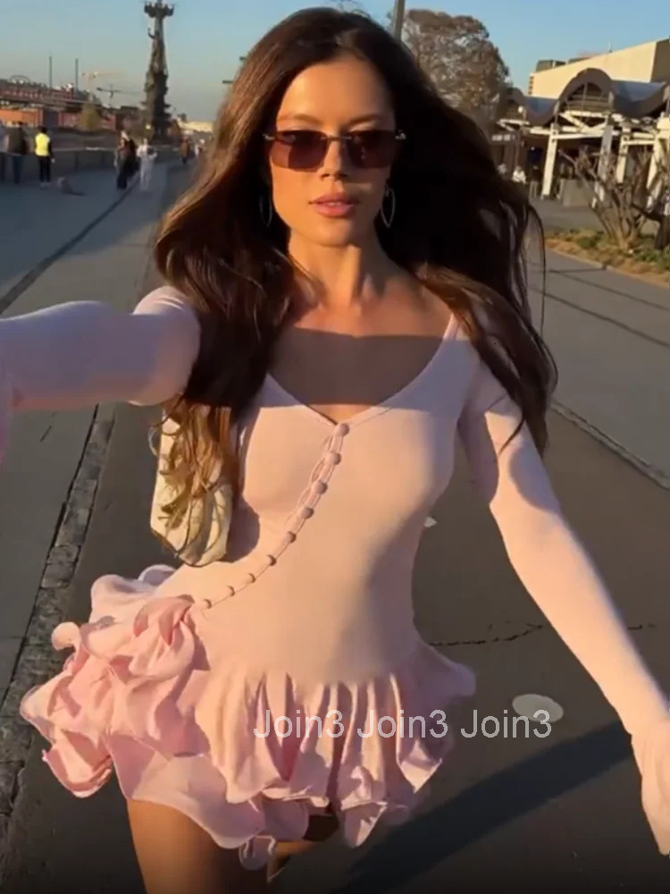 Elegant Solid Ruffles Hem Flare Sleeve Mini Dress For Women Irregular Single-breasted High Waist Dresses Lady Street Robe