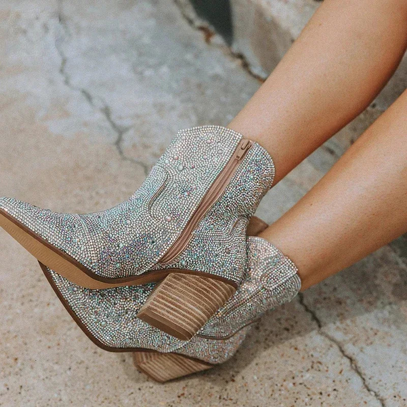 Western Cowboy Boots Fashion Women Ankle Boots Glitter Bling Shiny Trend High Heels High Quality Shoes Botas De Mujer 250731