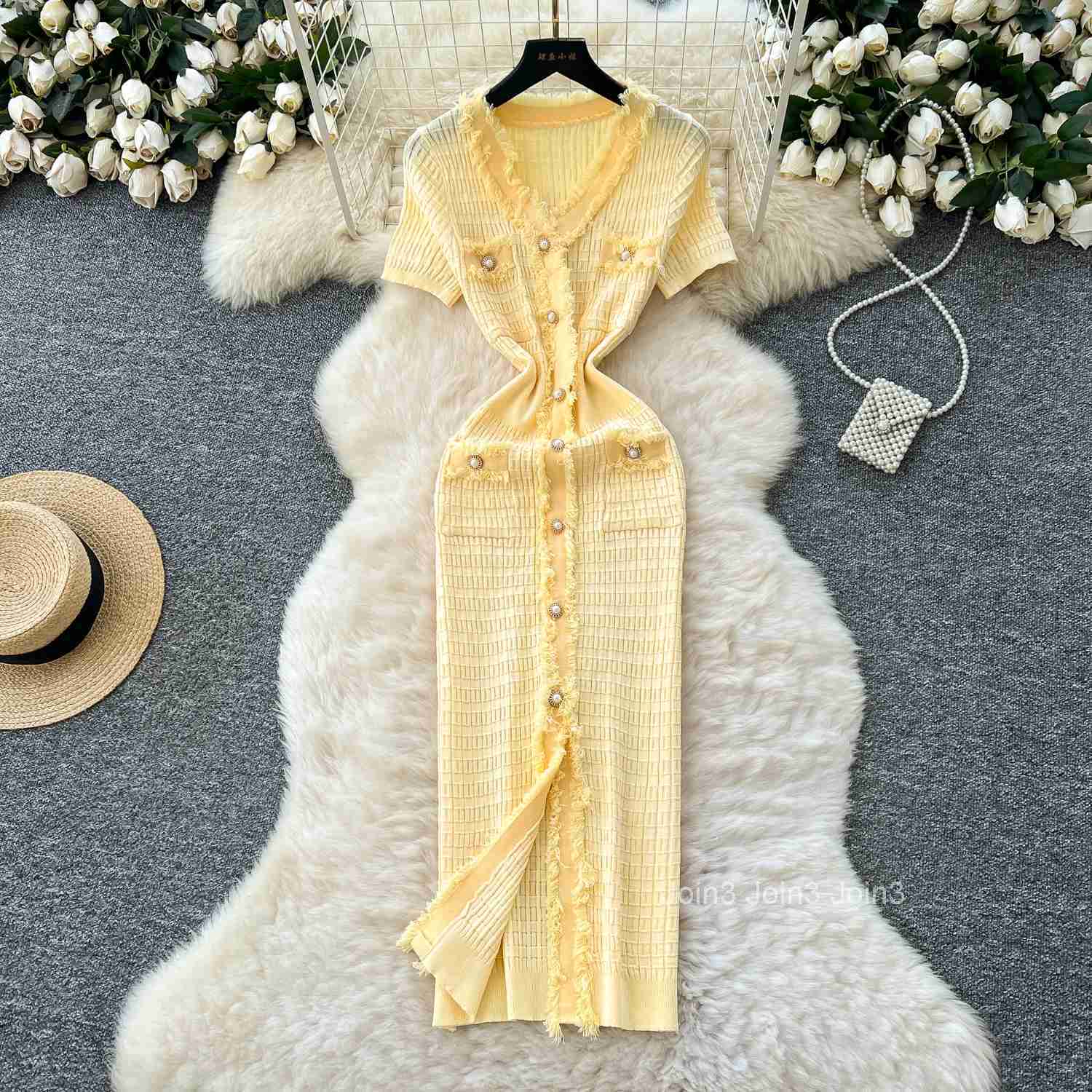 Womens Fashion V-Neck Button Knit Sweater Dress Summer Elegant Short Sleeve Solid Color Midi Casual Sheath Dress Yellow