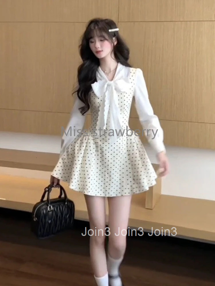France High Street Elegant Slim Dress Women Design Chic Long Sleeve Bow Polka Dot Sweet Dresses Casual Patchwork Pretty Outfits