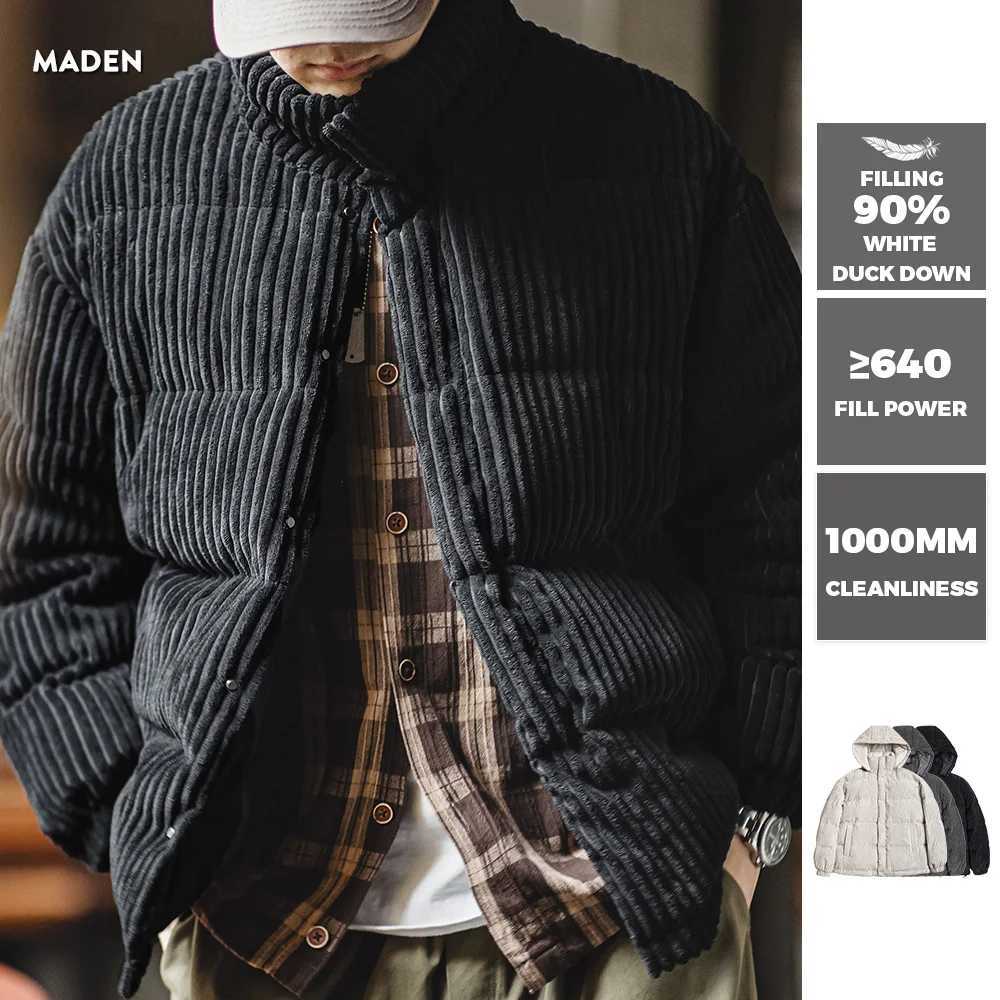 Mens Corduroy Down Jacket Winter Thickened Warm Striped Hooded Coat Vintage Padded Jackets Removable Hood Black Clothing W250806
