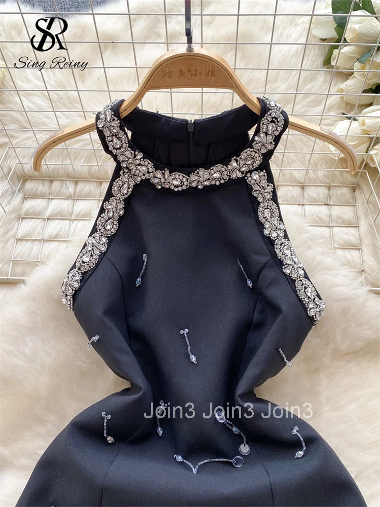 Light Luxury Evening Dress Diamonds Halter Sleeveless Beading Tassel Chic Fashion Senior Ladies Party Short Dress