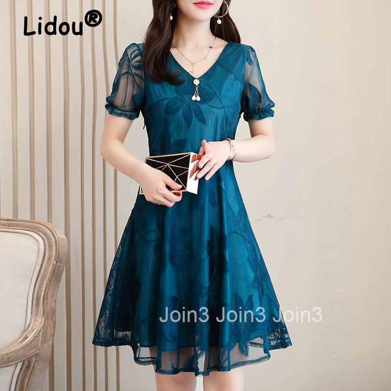 Elegant Fashion Sexy Mesh Lace V Neck Party Ladies Dresses Fashion Slim Short Sleeve Midi Dress for Women Summer Vestidos