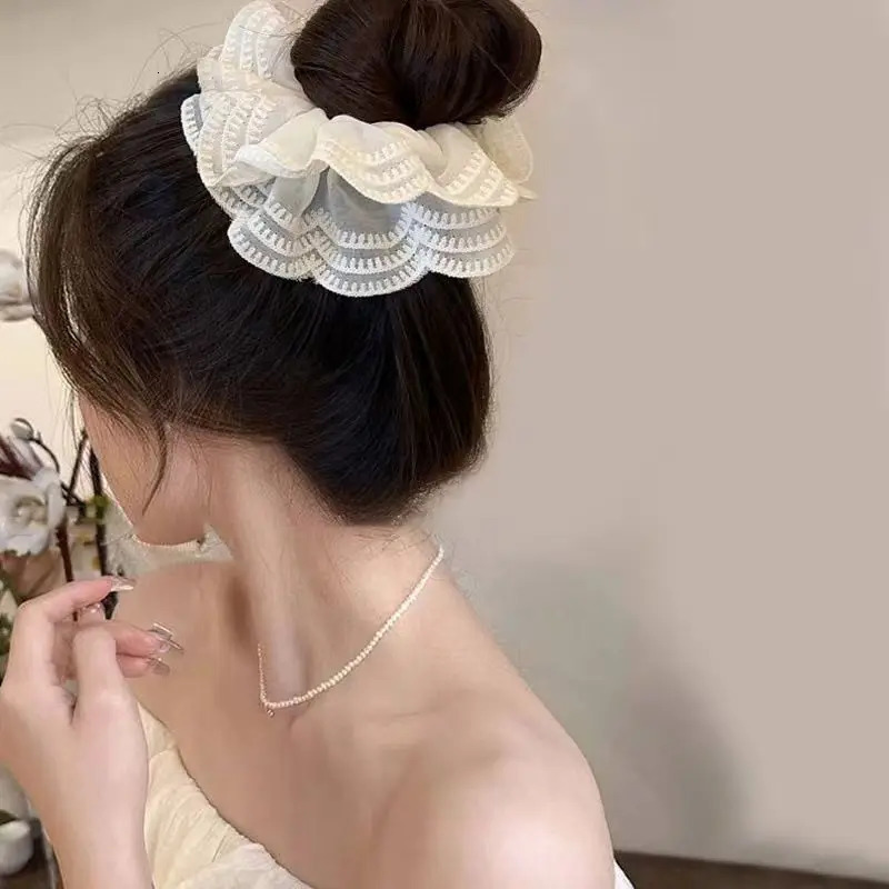 Women Large Lace Scrunchies Elastic Hair Bands Ponytail Holders Tie Solid Color Hair Rope Scrunchy Rubber Bands Women Hair Ring 250730