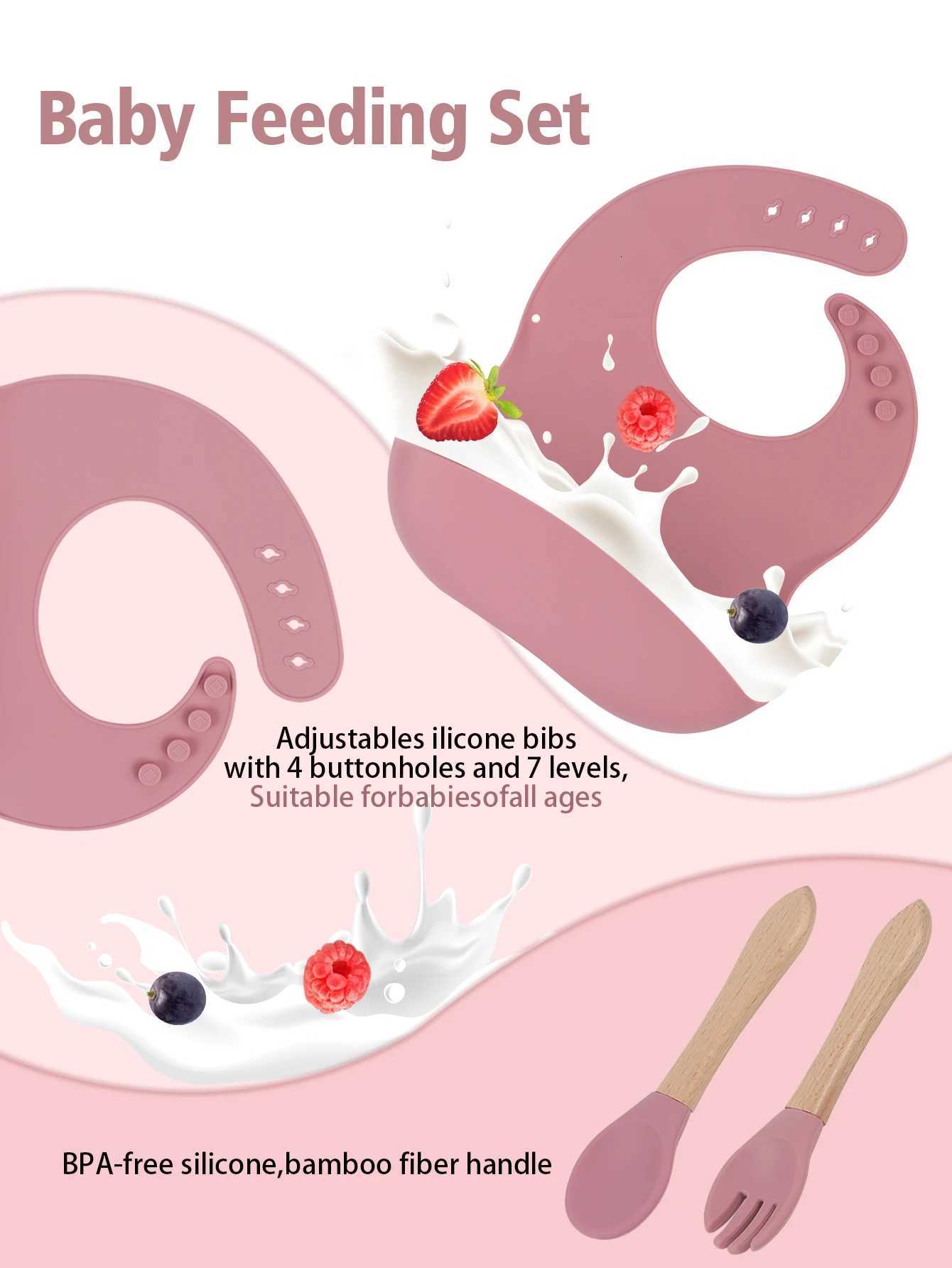 5pcs-1set Childrens Tableware Set Child Dishes Sucker Plate Bowl Utensils Soft Silicone Bibs Spoon Fork Sets Kids Tableware X250806