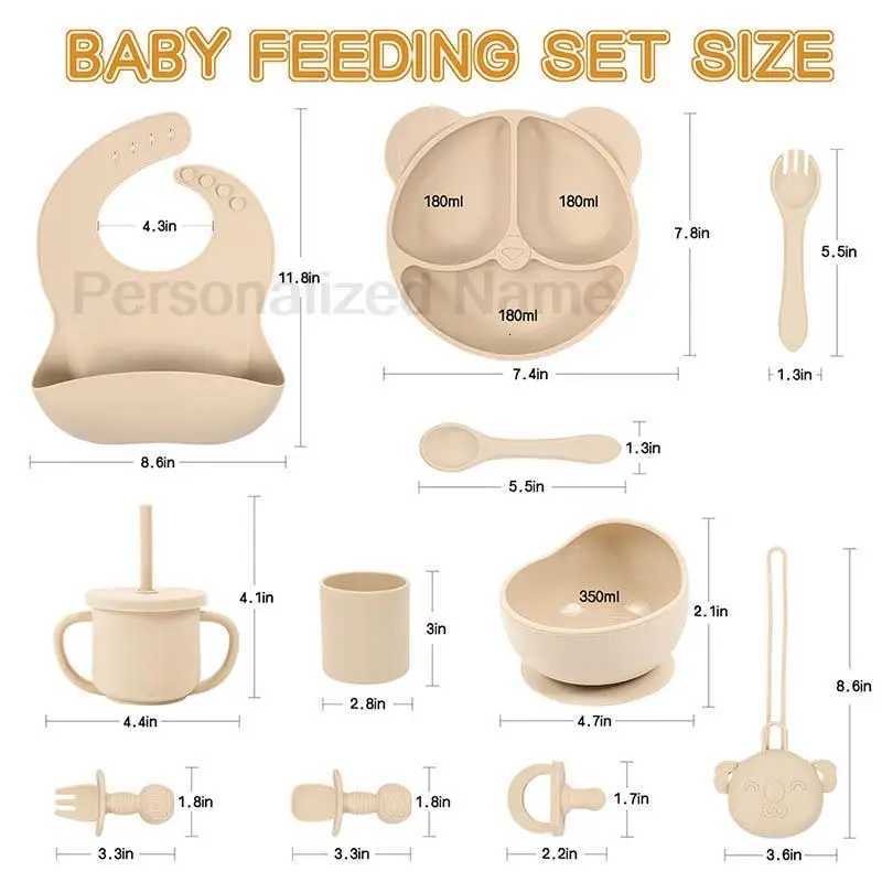 11pcs Childrens Silicone Tableware BPA Free Bear Plate Baby Feeding Set with Personalized Customization Baby Name X2508061