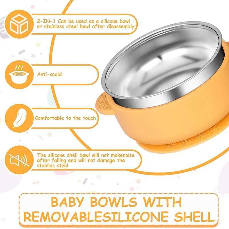 Silicone Sucker Bowl With Detachable Stainless Steel Bowl Baby Feeding Tableware for Infants and Baby Learning To Eat Baby Supplies X250806