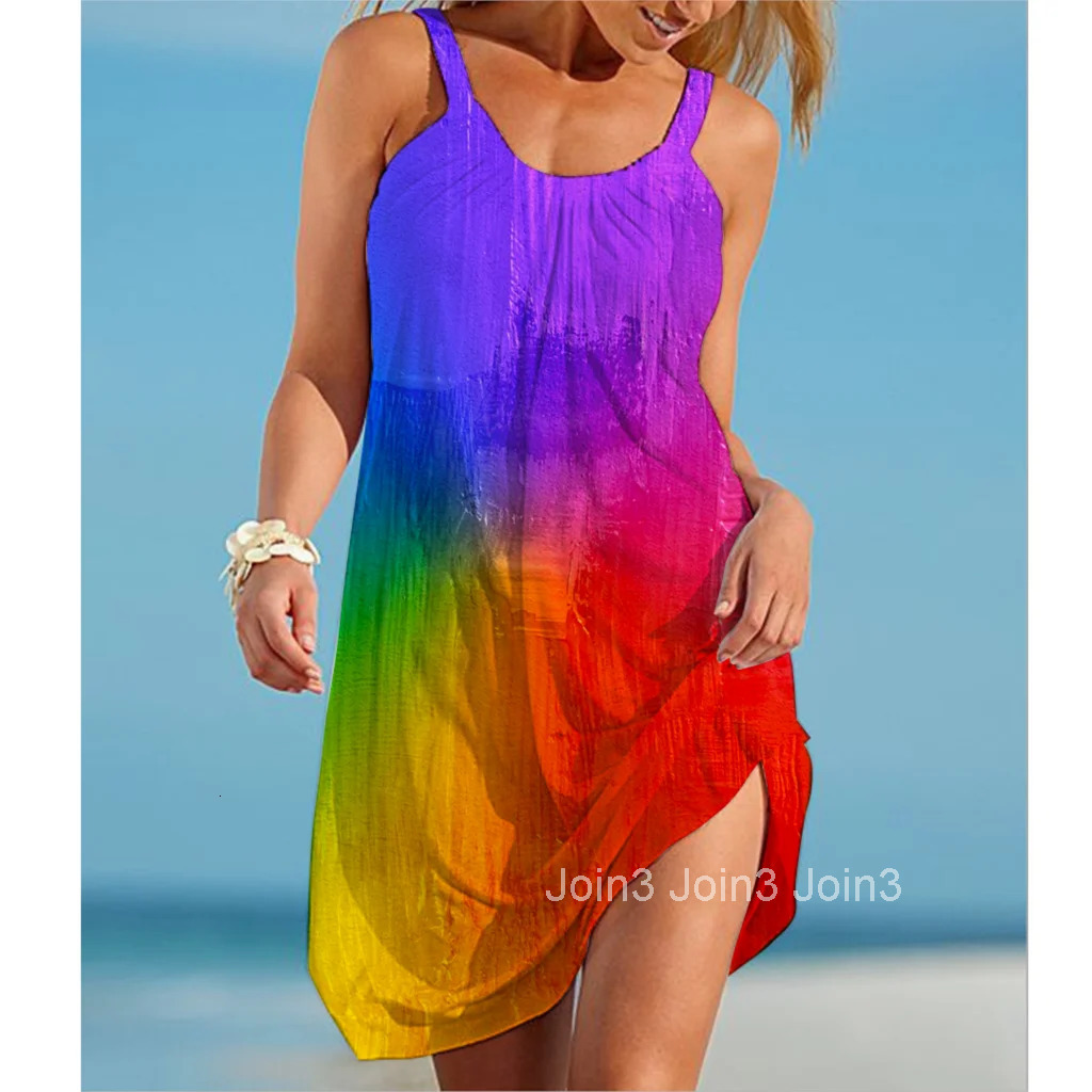 Rainbow Painting Print Womens Fashion Dress Midi Summer Sexy Beach Dress Bohemian Sleeveless Party Dresses Elegant Sundress Hem