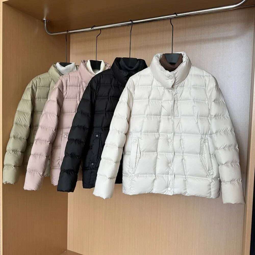 Designer Clothing 2025 Women New Autumn Winter Fluffy Jacket Stand Collar Short Ultralight White Duck Down Coat Lady Casual Warm Parka