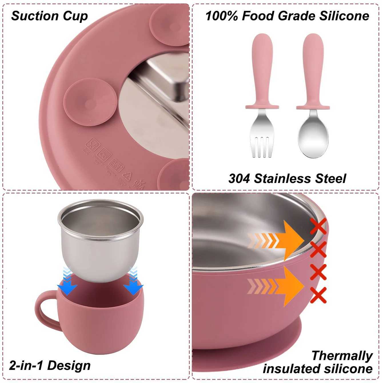 5PCS Stainless Steel Silicone Baby Feeding Set Detachable Dishes Plate BPA Free Infant Training Fork Spoon Bowl Cup Gifts X250806