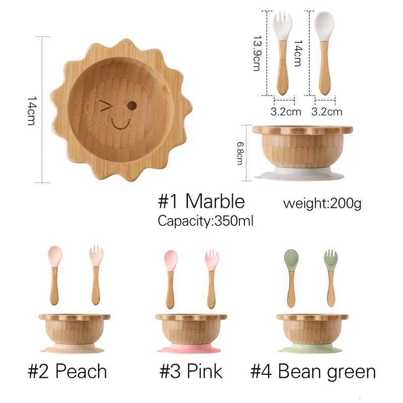 Baby Wooden Tableware Set Sun Bamboo Wooden Plate Bowl Silicone Suction Wooden Handle Fork Spoon for Newborn Feeding Supplies X250806