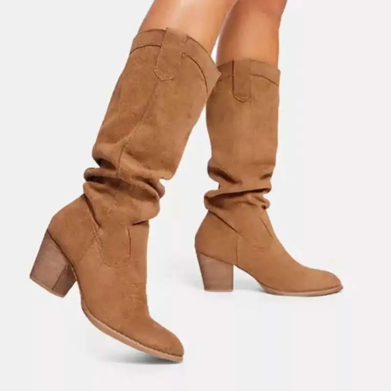 Vintage Pleated Boots Suede Chunky Heels Womens Mid-Calf Boots 250805