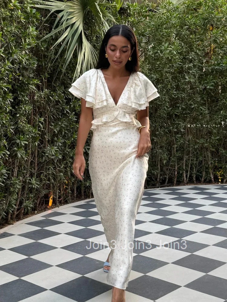 Elegant Floral Printed Ruffle Hem Dress Womens Chic V-neck High Waist Slim Fit Long Dresses Summer Holiday Vestidos