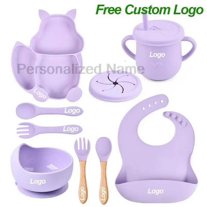 Personalized Name Silicone Tableware Set For Kids 8Pcs Baby Solid Feeding Set Squirrel Plate Dishes Sucker Bowl Bib Newborn Gift X250806