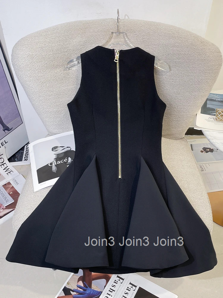 French Elegant Sleeveless A-Line Dress Women Summer Black Classic Party Style V Neck Vest With Gold Button Detail Office Clothes