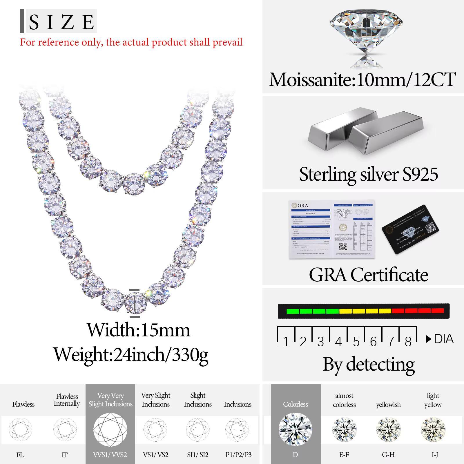 Pass Diamond Tester 408CT Moissanite Tennis Chain Luxury 15mm High Quality 925 Sterling Silver Classic Tennis Necklace Jewelry