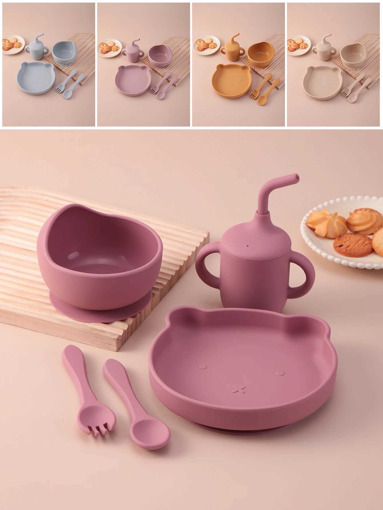 5PCS Customized Name Cartoon Silicone Baby Feeding Set Suction Dishes Plate Bowl BPA Free Sippy Cup Spoon Fork Baby Supplies X250806