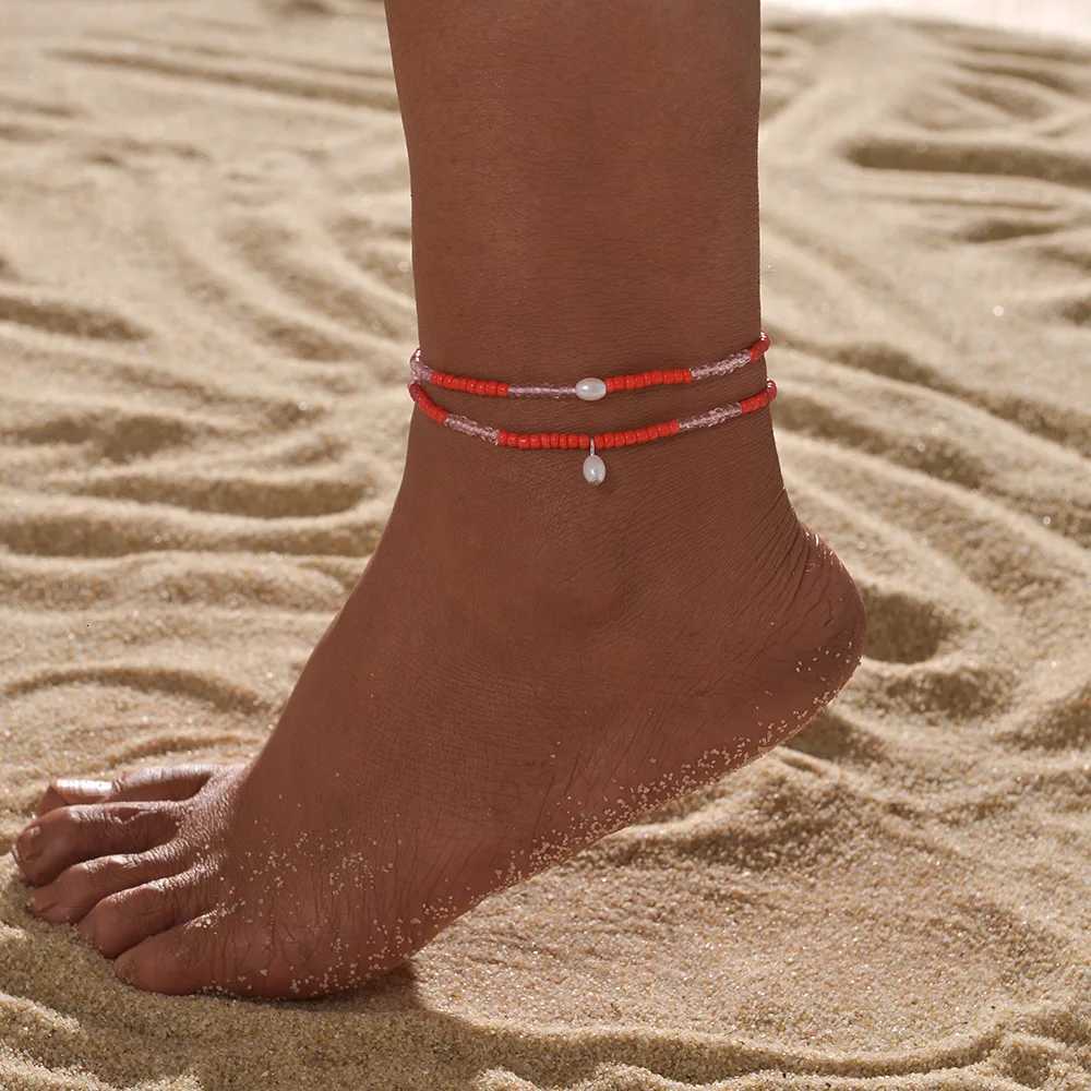 2pcs Synthetic Pearl Anklet Sets For Women Red Rice Beads Chain Ankle Adjustable Elastic Rope Foot Jewelry Accessories Y250805