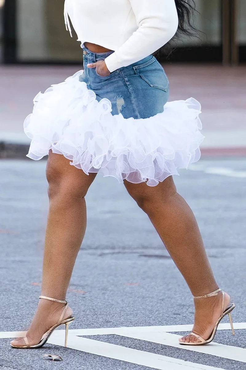 Plus Size Blue Casual Denim Tulle Pockets Skirt Sexy High Waist Streetwear Vintage Mini Skirts for Women Summer Fashion 250724