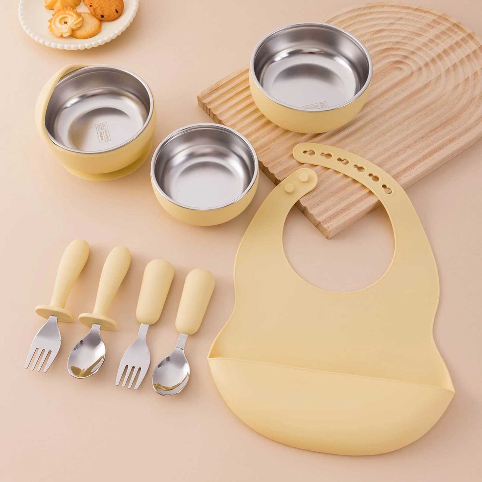 8PCS Baby Feeding Set Stainless Steel Silicone Tableware With Detachable Bowl Plate Bib Safe For Infant Weaning Food Dishes X250806