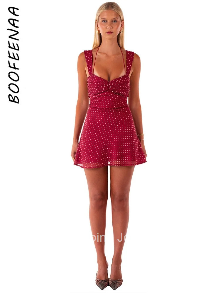 BOOFEENAA Polka Dot Print Chiffon Summer Dress for Women Sexy Lace Up Sleeveless Backless Mini Dresses Elegant C92-CG16