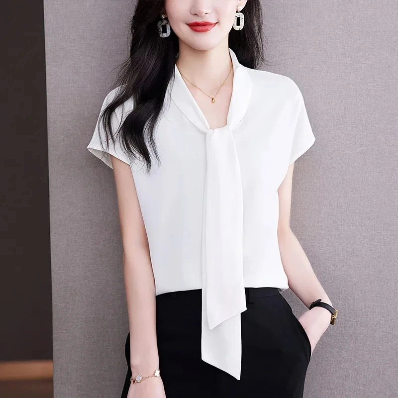 Bow Tie Blouse Shirt for Women OL Elegant Blouses Satin Womens Tops Silk Female Clothing Korean Fashion Short Sleeve Blouse 250806