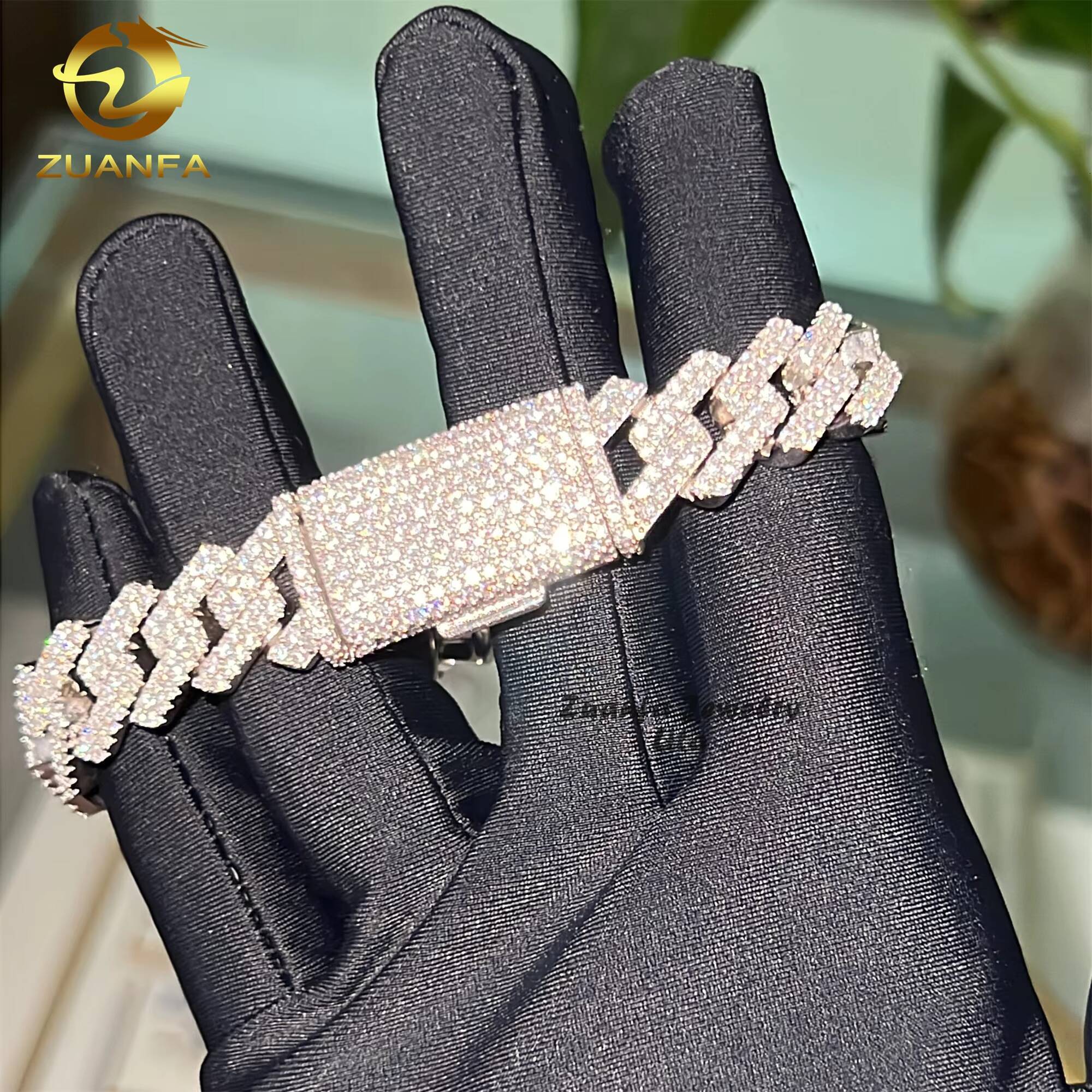 Hot Selling Two Row Diamond 14mm Hip Hop 925 Sterling Silver Straight Moissanite Cuban Link Bracelet