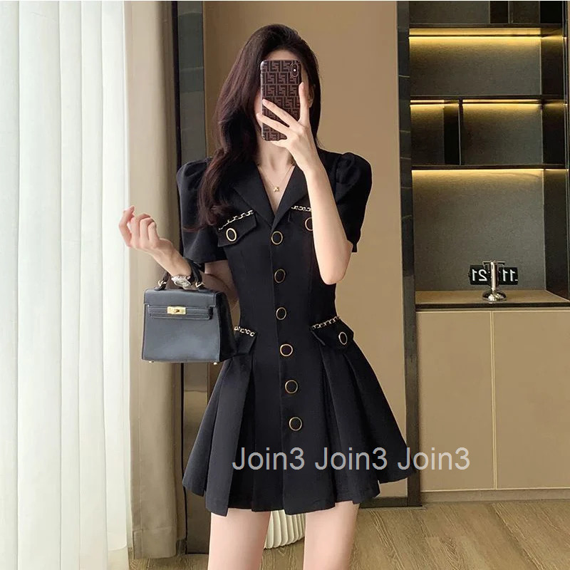 Ladies Temperament Buttons Turn-down Collar Short Sleeve Suit Dress Spring Summer Fashionable Pleated Elegant Dress Women Dress