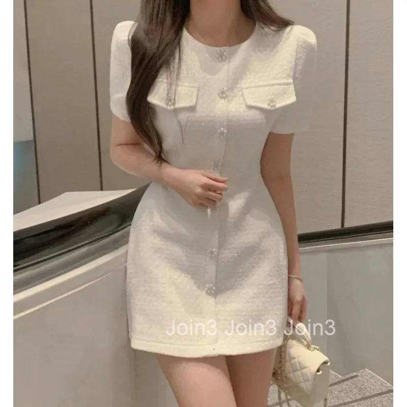 Chic Tweed Short Sleeve Bubble Dress Single Button Korean Style Mini Dress Fashionable Elegant Simple Design AE Stock Item