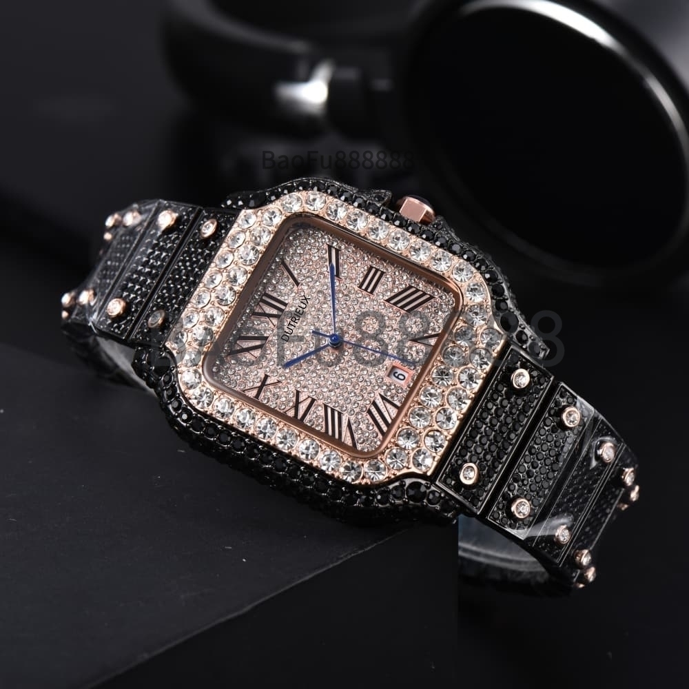 Fashion Black Pink Wristwatch Luxury Square Dial Watches for Men Date Steel Strap Daily Business Designer Diamond Watch Fashion Male Clocks for Gift Wholesale
